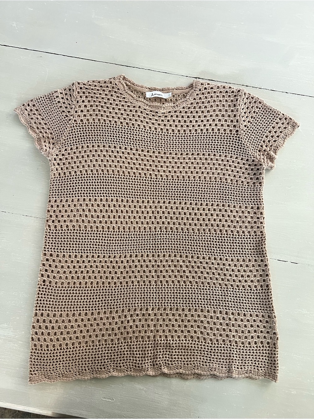 ANRABESS Women’s Taupe Open Knit Crochet Short Sleeve Top L